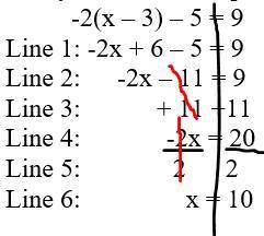 HELP PLEASE QUICK { Mark incorrectly solved the equation -2(x – 3) – 5 = 9. His steps are shown bel