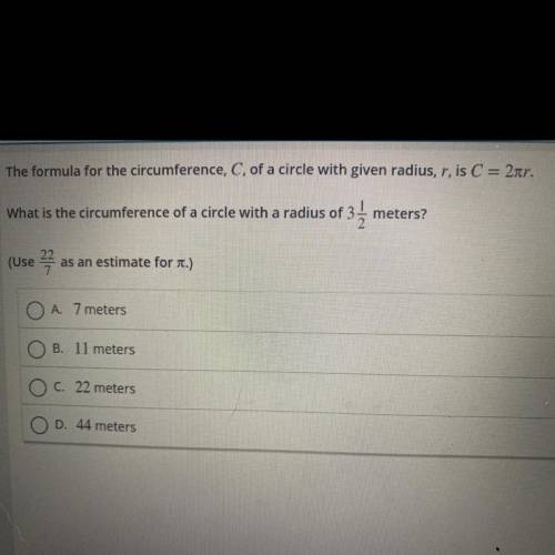 The formula for the circumference, C, of a circle with given radius, r, is C = 2nr.

What is the c