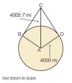 You are in an airplane 5.7 miles above the ground. What is the measure of BD⌢, the portion of Earth