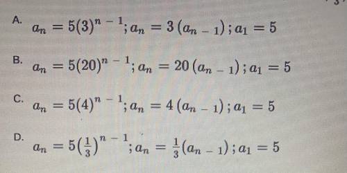 Which explicit and reclusive formulas match the geometric sequence 5, 5/3, 5/9, 5/27