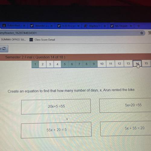 Create an equation to find

A bike rental company charges customers an initial
charge plus a daily