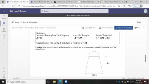 A semi-circle with a diameter of 6 cm sits on top of an isosceles trapezoid. Find the area of the e