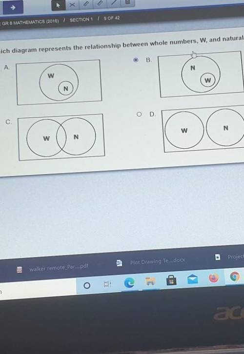 Which diagram represents the relationship between whole numbers, W, and natural numbers, N ?​