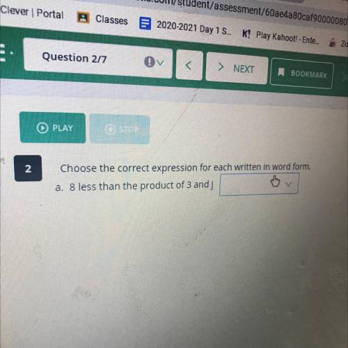 Choose the correct expression for each Written in word form.8 less than the product of 3 and j