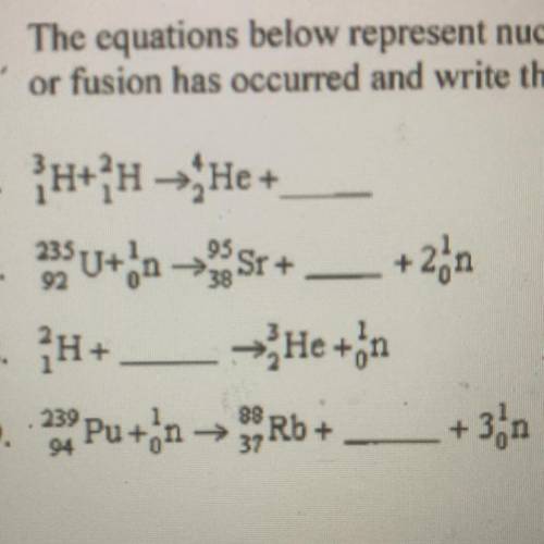 The equations below represent nuclear fission and nuclear fusion reactions. For each equation, tell