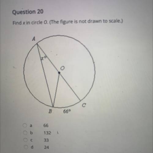 Find x in circle O. (The figure is not drawn to scale.)

А
0
c
B
66°
а
66
b
132
С
33
d
24