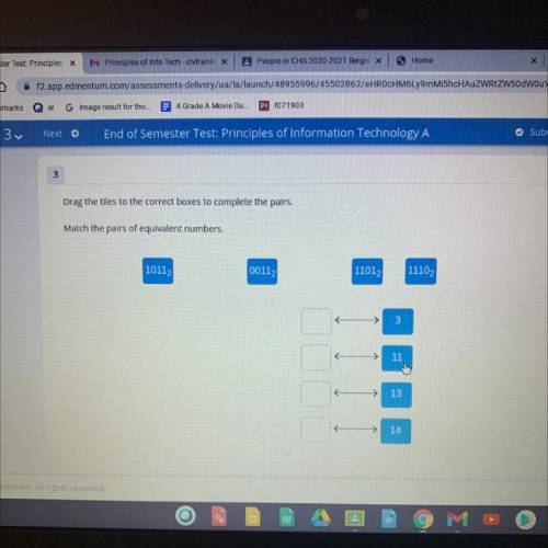 Please help!!

Match the pairs of equivalent numbers.
10112
00112
11012
3
11102
11
13
14