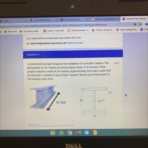 1 point

A construction project requires the installation of concrete I-beams. The
dimensions for