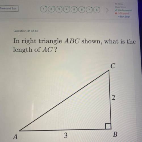 And right triangle ABC shown, what is the length of AC?