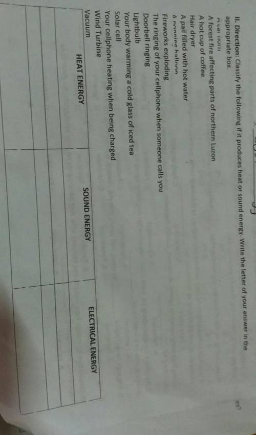 Classify The following if it produces heat or sound energy​ ☺¿