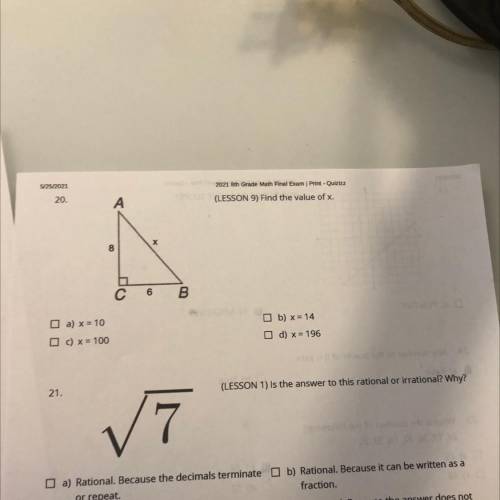 Find the value of x.

A
8
с
6
B
O b) x= 14
O a) x = 10
O c) x = 100
d) x = 196