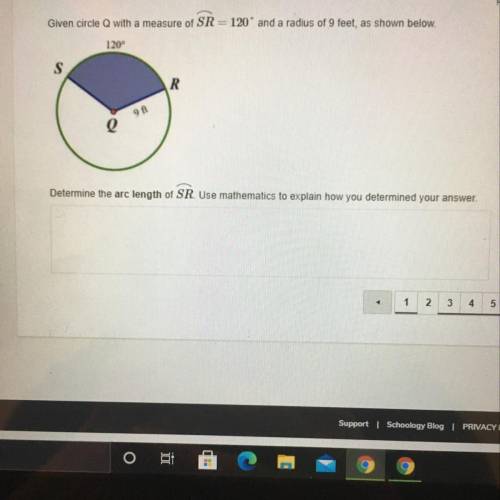 Given circle Q with a measure of SR= 120° and a radius of 9 feet, as shown below.

Determine the a