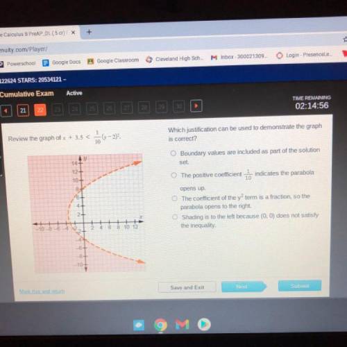 Review the graph of x + 3.5 < 1/10 (y-2)^2. Which justification can be used to demonstrate the g