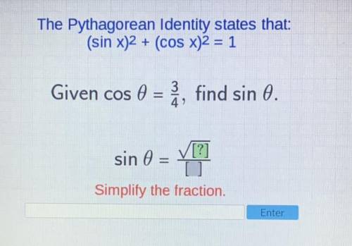 Atus

view
The Pythagorean Identity states that:
(sin x)2 + (cos x)2 = 1
Given cos 0 = Ź, find sin