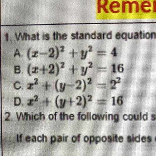 What is the standard equation of a circle with center (-2,0) and radius 4?