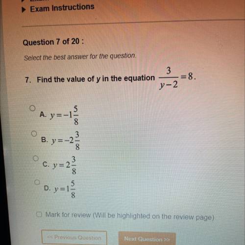 Find the value of y in the equation. 3/y-2=8