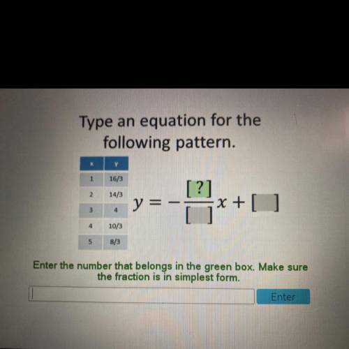 Type an equation for the

following pattern.
X
у
1
16/3
2.
14/3
[?]
x + [ ]
y =
3
4
4
10/3
5
8/3