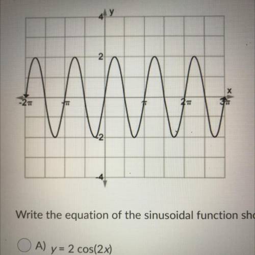 Write the equation of the sinusoidal function shown.

A) y = 2 cos(2x)
B) y= 2 sin x + 2
C) y = 2