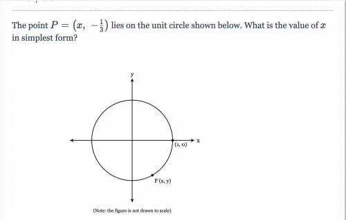 The point P=(x,-1/3) lies on the unit circle shown below. What is the value of xx in simplest form?