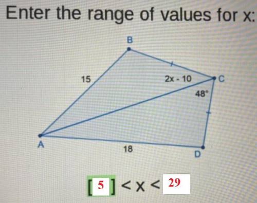 Enter the range of values for x:
B
15
2x - 10
С
48°
A
18
[?]
Enter