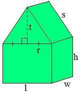 Samantha is buying the tent shown below.

If l = 54 inches, w = 66 inches, h = 45 inches, and t =