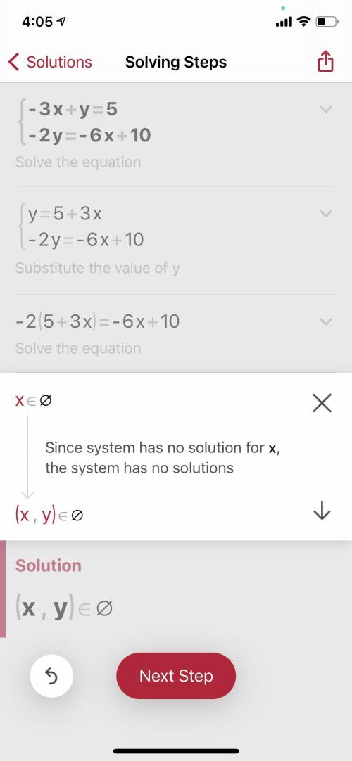 Solving the following system using any method. 
−3x+y=5 
−2y=−6x+10