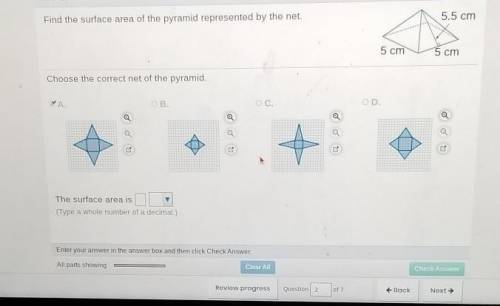 Find the surface area of the pyramid represented by the net. 5.5 cm 5 cm 5 cm ​