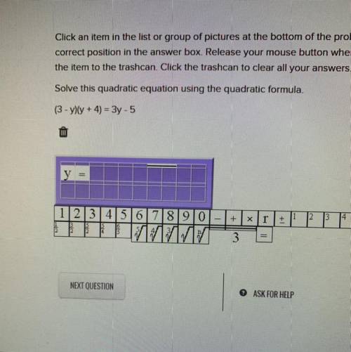 Solve this quadratic equation using the quadratic formula
(3 - y)(y + 4) = 3y - 5