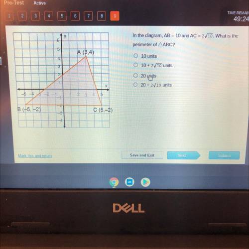 Y

In the diagram, AB = 10 and AC = 2/10. What is the
6
perimeter of ABC?
5
A (3,4)
O 10 units
4
3