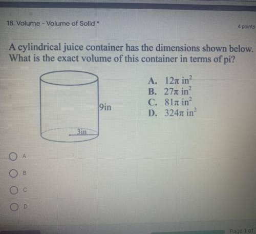 A cylindrical juice container has the dimensions shown below.

What is the exact volume of this co