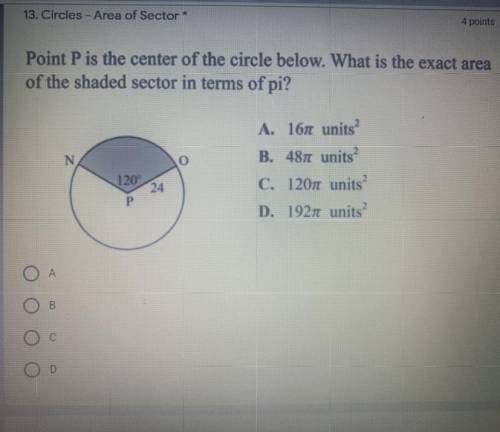 Point P is the center of the circle below. What is the exact area

of the shaded sector in terms o