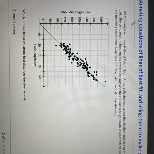 Which of these linear equations best describes the given model?

Choose 1 
ŷ = 6x - 20
B
=