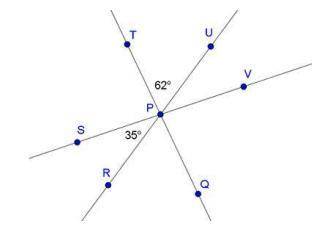 Three lines intersect at point , as shown in the diagram below. Find the measure of ∠VPQ. SHOW ALL