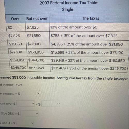 Maria Contrerras earned $53,000 in taxable income. She figured her tax from the single taxpayer tab