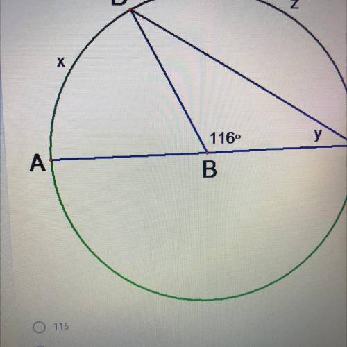 Use the picture to solve for arc z
1 p
D
z
х
1160
у
A
С
B