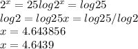2^{x}  =25log  2^x = log 25\\log 2 = log 25x = log 25  / log 2\\x =4.643856\\x = 4.6439