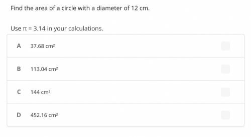 Find the area of a circle with a diameter of 12 cm.