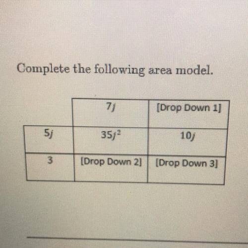 Complete the following area model.

7)
[Drop Down 1]
5j
3572
10
3.
[Drop Down 21
[Drop Down 3]