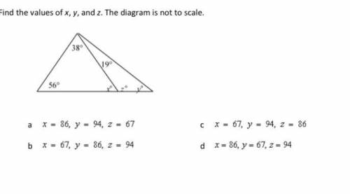 PLEAZE HELP URGENT Find the values of x, y, and z. The diagram is not to scale