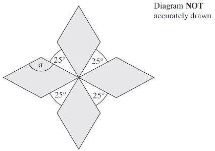 The diagram shows a pattern using four identical rhombuses.

Work out the size of the angle marked