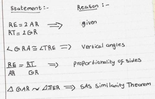 Given: RE = 2AR and RT = 2GR
Prove : ∆GAR ~ ∆TER
