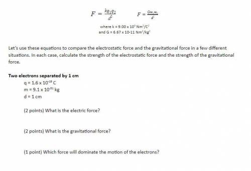Let’s use these equations to compare the electrostatic force and the gravitational force in a few d