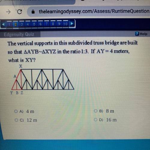 The vertical supports in this subdivided truss bridge are built

so that AYB-XYZ in the ratio 1:3.