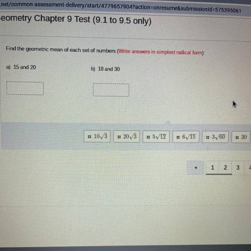 Find the geometric mean of each set of numbers (Write answers in simplest radical form):

a) 15 an