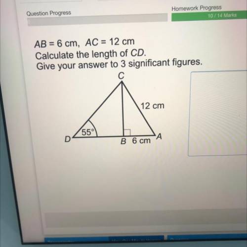 AB = 6 cm, AC = 12 cm

Calculate the length of CD.
Give your answer to 3 significant figures.
12 c