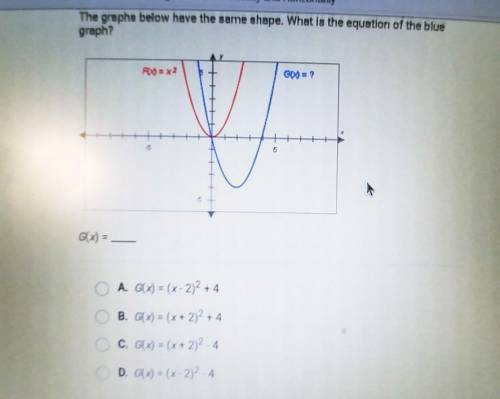Help urgent plz..

the graphs below have the same shape what is the equation of the blue graph?no