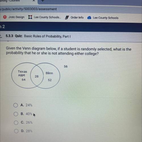 Given the Venn diagram below, if a student is randomly selected, what is the

probability that he