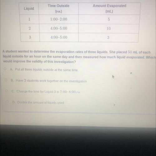 A student wanted to determine the evaporation rates of three liquids. She placed 50 mL of each

li