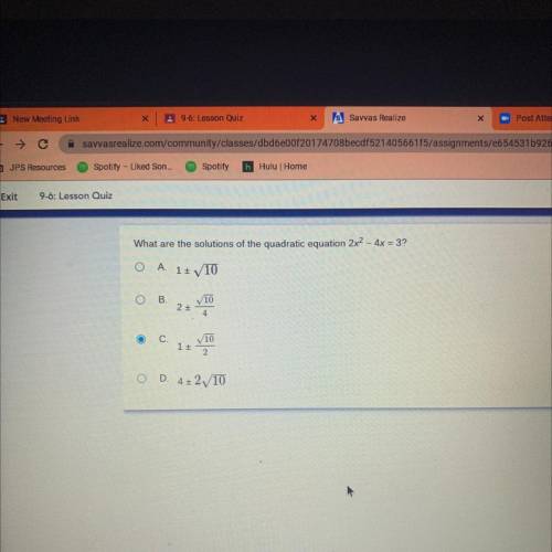What are the solutions of the quadratic equation 2x2 - 4x = 3?