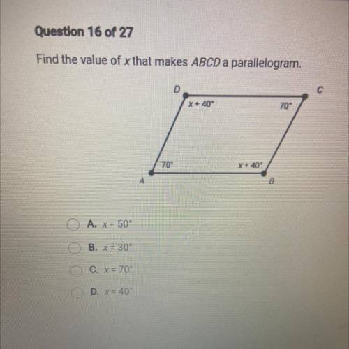 Find the value of x that makes ABCD a parallelogram.
